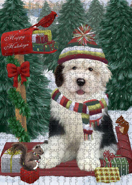 Merry Christmas Woodland Sled Old English Sheepdog Puzzle with Photo Tin PUZL88000
