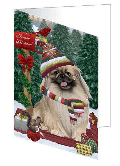 Merry Christmas Woodland Sled Pekingese Dog Handmade Artwork Assorted Pets Greeting Cards and Note Cards with Envelopes for All Occasions and Holiday Seasons GCD69458