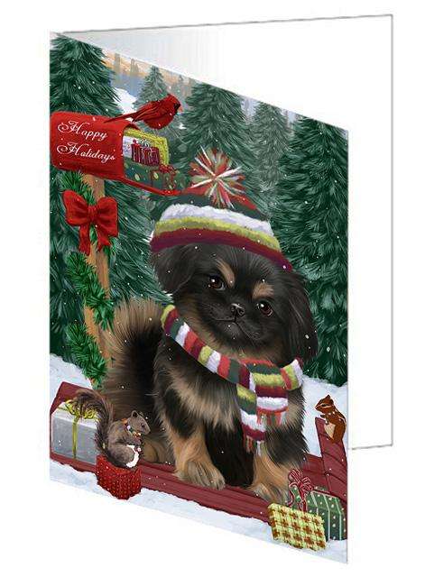 Merry Christmas Woodland Sled Pekingese Dog Handmade Artwork Assorted Pets Greeting Cards and Note Cards with Envelopes for All Occasions and Holiday Seasons GCD69461