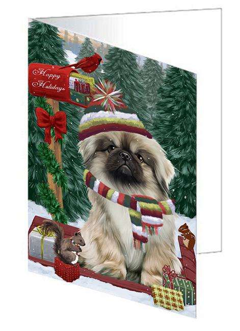 Merry Christmas Woodland Sled Pekingese Dog Handmade Artwork Assorted Pets Greeting Cards and Note Cards with Envelopes for All Occasions and Holiday Seasons GCD69464