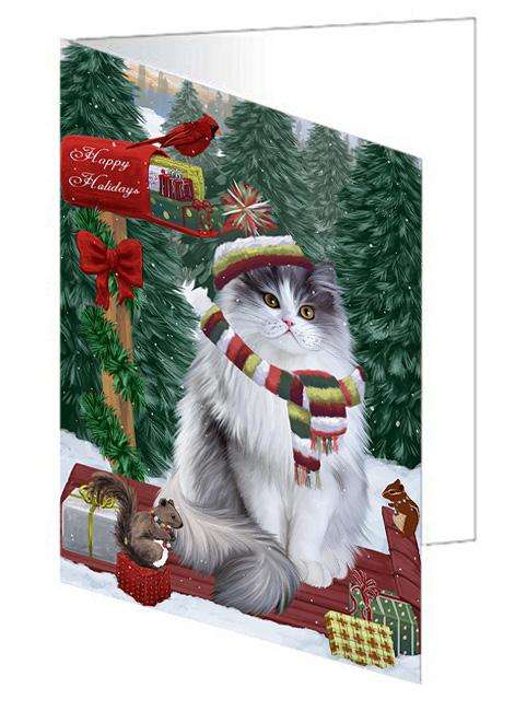 Merry Christmas Woodland Sled Persian Cat Handmade Artwork Assorted Pets Greeting Cards and Note Cards with Envelopes for All Occasions and Holiday Seasons GCD69467