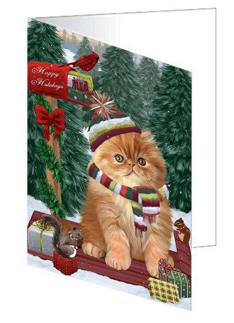 Merry Christmas Woodland Sled Persian Cat Handmade Artwork Assorted Pets Greeting Cards and Note Cards with Envelopes for All Occasions and Holiday Seasons GCD69470