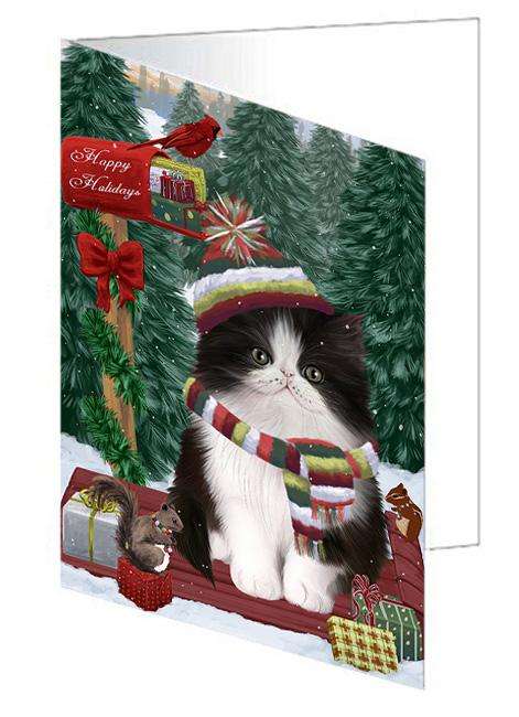 Merry Christmas Woodland Sled Persian Cat Handmade Artwork Assorted Pets Greeting Cards and Note Cards with Envelopes for All Occasions and Holiday Seasons GCD69473