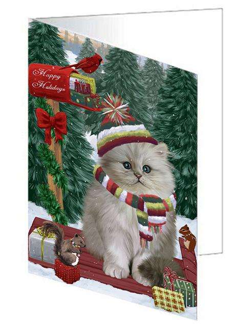 Merry Christmas Woodland Sled Persian Cat Handmade Artwork Assorted Pets Greeting Cards and Note Cards with Envelopes for All Occasions and Holiday Seasons GCD69476