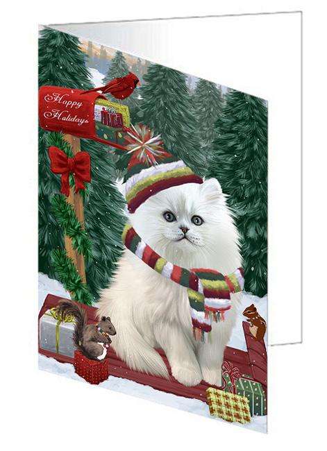 Merry Christmas Woodland Sled Persian Cat Handmade Artwork Assorted Pets Greeting Cards and Note Cards with Envelopes for All Occasions and Holiday Seasons GCD69479