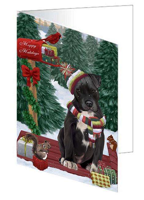 Merry Christmas Woodland Sled Pit Bull Dog Handmade Artwork Assorted Pets Greeting Cards and Note Cards with Envelopes for All Occasions and Holiday Seasons GCD69485