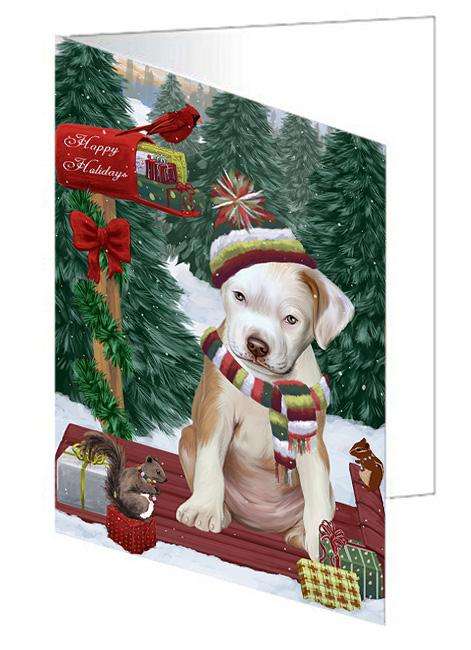 Merry Christmas Woodland Sled Pit Bull Dog Handmade Artwork Assorted Pets Greeting Cards and Note Cards with Envelopes for All Occasions and Holiday Seasons GCD69494
