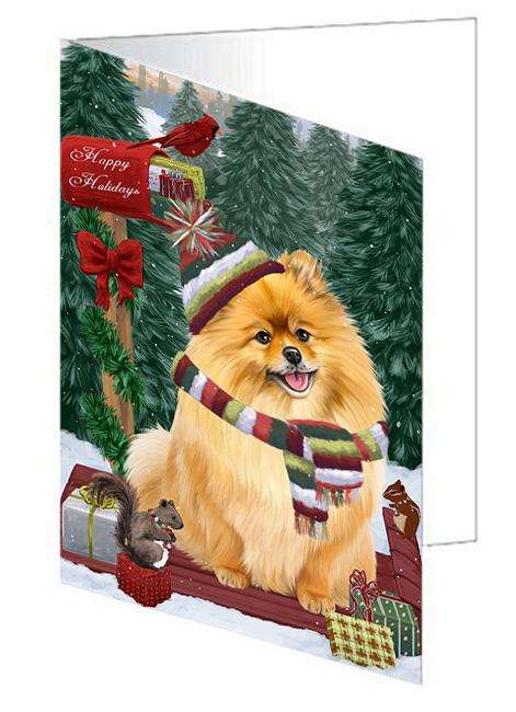 Merry Christmas Woodland Sled Pomeranian Dog Handmade Artwork Assorted Pets Greeting Cards and Note Cards with Envelopes for All Occasions and Holiday Seasons GCD69497