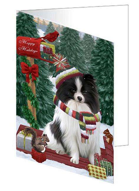 Merry Christmas Woodland Sled Pomeranian Dog Handmade Artwork Assorted Pets Greeting Cards and Note Cards with Envelopes for All Occasions and Holiday Seasons GCD69500