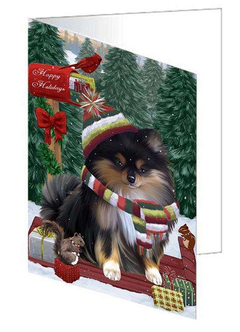 Merry Christmas Woodland Sled Pomeranian Dog Handmade Artwork Assorted Pets Greeting Cards and Note Cards with Envelopes for All Occasions and Holiday Seasons GCD69503