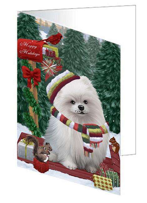 Merry Christmas Woodland Sled Pomeranian Dog Handmade Artwork Assorted Pets Greeting Cards and Note Cards with Envelopes for All Occasions and Holiday Seasons GCD69506