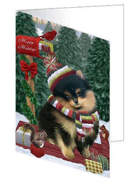 Merry Christmas Woodland Sled Pomeranian Dog Handmade Artwork Assorted Pets Greeting Cards and Note Cards with Envelopes for All Occasions and Holiday Seasons GCD69509