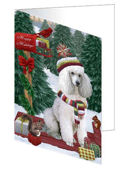 Merry Christmas Woodland Sled Poodle Dog Handmade Artwork Assorted Pets Greeting Cards and Note Cards with Envelopes for All Occasions and Holiday Seasons GCD69512