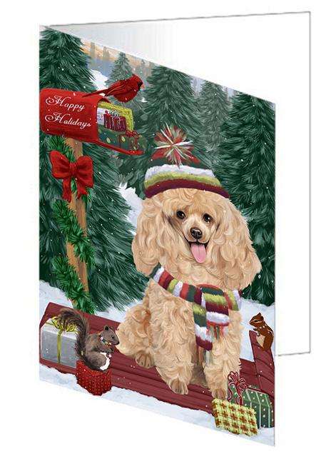 Merry Christmas Woodland Sled Poodle Dog Handmade Artwork Assorted Pets Greeting Cards and Note Cards with Envelopes for All Occasions and Holiday Seasons GCD69515