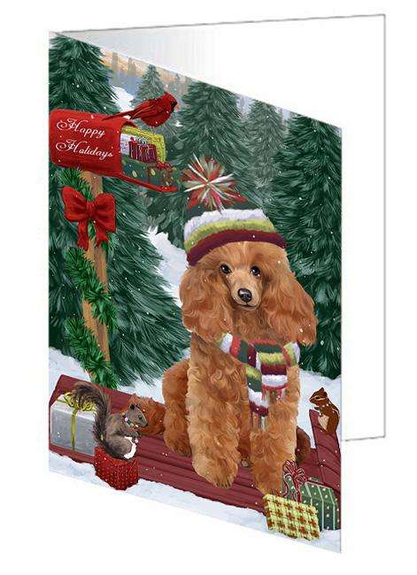 Merry Christmas Woodland Sled Poodle Dog Handmade Artwork Assorted Pets Greeting Cards and Note Cards with Envelopes for All Occasions and Holiday Seasons GCD69518