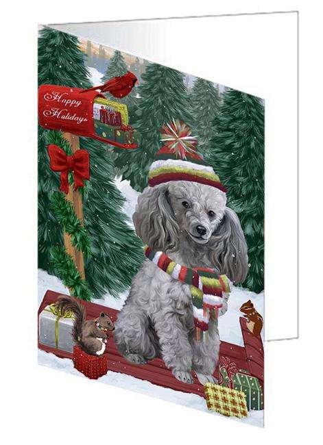 Merry Christmas Woodland Sled Poodle Dog Handmade Artwork Assorted Pets Greeting Cards and Note Cards with Envelopes for All Occasions and Holiday Seasons GCD69521