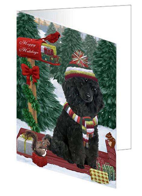 Merry Christmas Woodland Sled Poodle Dog Handmade Artwork Assorted Pets Greeting Cards and Note Cards with Envelopes for All Occasions and Holiday Seasons GCD69524