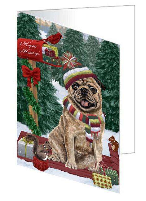 Merry Christmas Woodland Sled Pug Dog Handmade Artwork Assorted Pets Greeting Cards and Note Cards with Envelopes for All Occasions and Holiday Seasons GCD69527