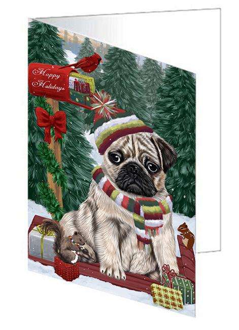 Merry Christmas Woodland Sled Pug Dog Handmade Artwork Assorted Pets Greeting Cards and Note Cards with Envelopes for All Occasions and Holiday Seasons GCD69530