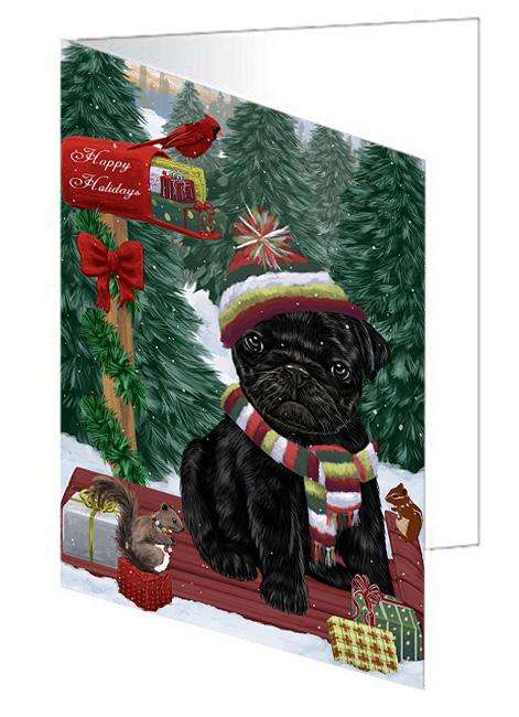 Merry Christmas Woodland Sled Pug Dog Handmade Artwork Assorted Pets Greeting Cards and Note Cards with Envelopes for All Occasions and Holiday Seasons GCD69533