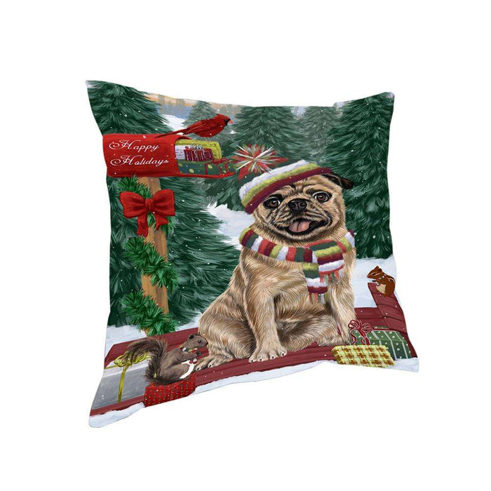 Merry Christmas Woodland Sled Pug Dog Pillow PIL77288