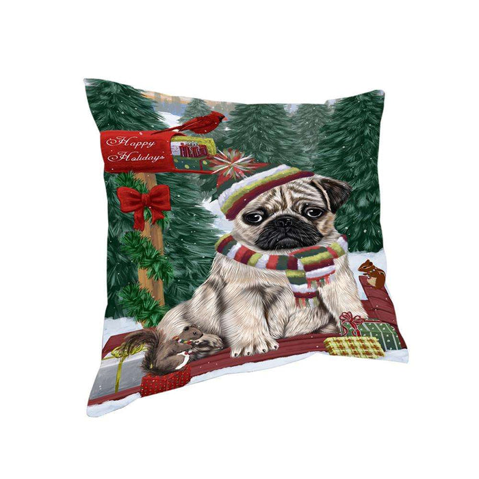 Merry Christmas Woodland Sled Pug Dog Pillow PIL77292