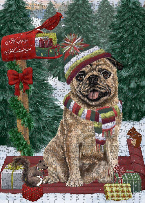 Merry Christmas Woodland Sled Pug Dog Puzzle with Photo Tin PUZL88096