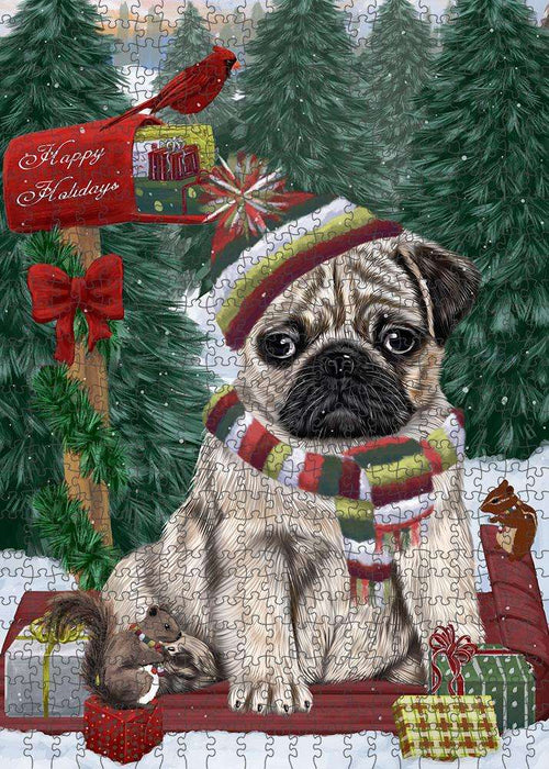 Merry Christmas Woodland Sled Pug Dog Puzzle with Photo Tin PUZL88100
