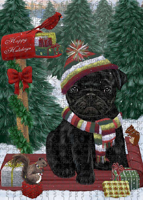 Merry Christmas Woodland Sled Pug Dog Puzzle with Photo Tin PUZL88104