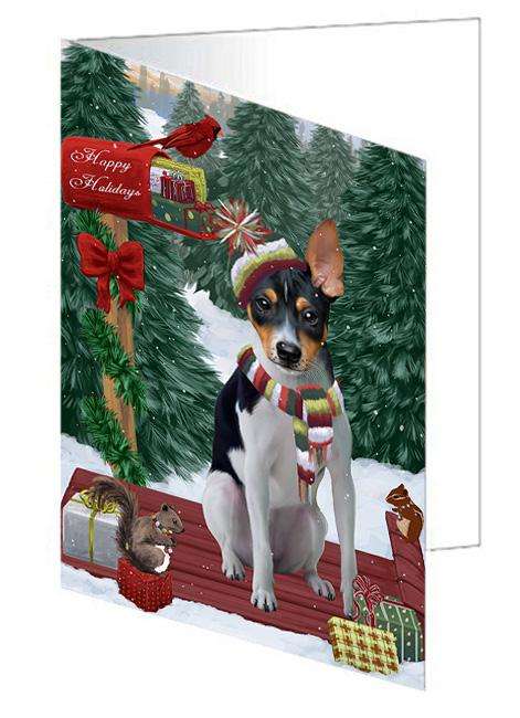 Merry Christmas Woodland Sled Rat Terrier Dog Handmade Artwork Assorted Pets Greeting Cards and Note Cards with Envelopes for All Occasions and Holiday Seasons GCD69536