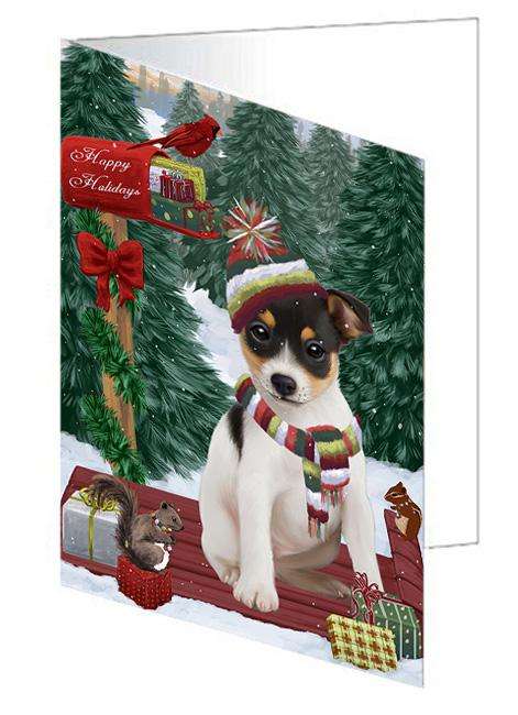 Merry Christmas Woodland Sled Rat Terrier Dog Handmade Artwork Assorted Pets Greeting Cards and Note Cards with Envelopes for All Occasions and Holiday Seasons GCD69539