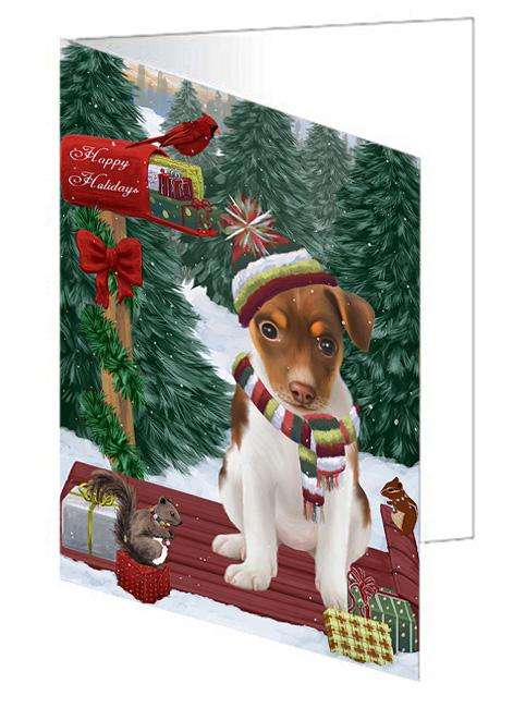 Merry Christmas Woodland Sled Rat Terrier Dog Handmade Artwork Assorted Pets Greeting Cards and Note Cards with Envelopes for All Occasions and Holiday Seasons GCD69542