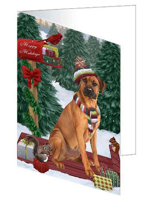 Merry Christmas Woodland Sled Rhodesian Ridgeback Dog Handmade Artwork Assorted Pets Greeting Cards and Note Cards with Envelopes for All Occasions and Holiday Seasons GCD69545
