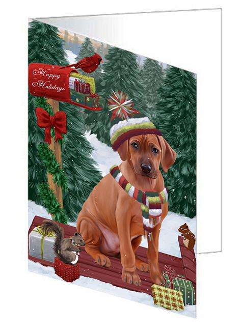 Merry Christmas Woodland Sled Rhodesian Ridgeback Dog Handmade Artwork Assorted Pets Greeting Cards and Note Cards with Envelopes for All Occasions and Holiday Seasons GCD69548