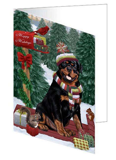 Merry Christmas Woodland Sled Rottweiler Dog Handmade Artwork Assorted Pets Greeting Cards and Note Cards with Envelopes for All Occasions and Holiday Seasons GCD69551
