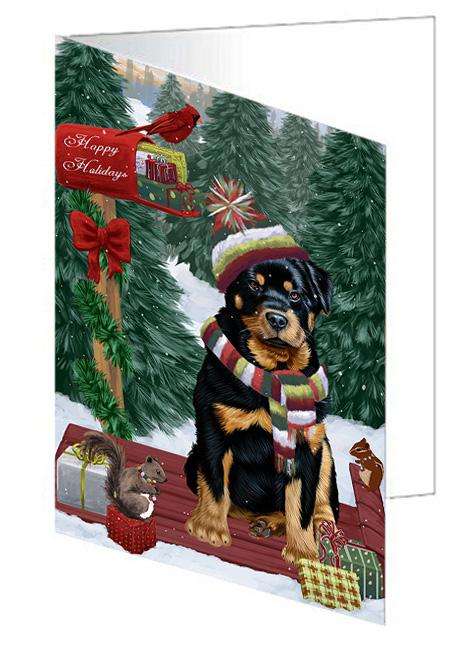 Merry Christmas Woodland Sled Rottweiler Dog Handmade Artwork Assorted Pets Greeting Cards and Note Cards with Envelopes for All Occasions and Holiday Seasons GCD69554