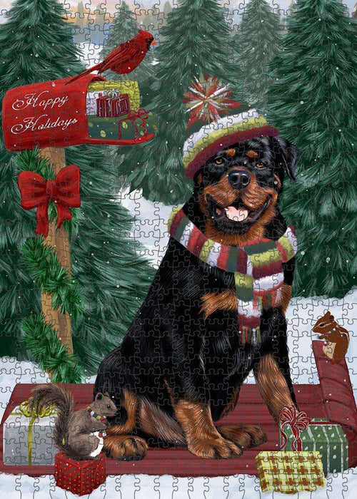 Merry Christmas Woodland Sled Rottweiler Dog Puzzle with Photo Tin PUZL88128