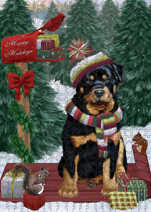 Merry Christmas Woodland Sled Rottweiler Dog Puzzle with Photo Tin PUZL88132