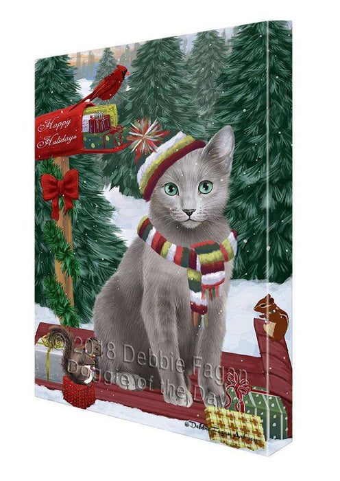Merry Christmas Woodland Sled Russian Blue Cat Canvas Print Wall Art Décor CVS115055