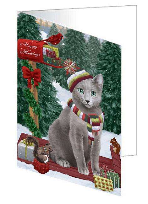 Merry Christmas Woodland Sled Russian Blue Cat Handmade Artwork Assorted Pets Greeting Cards and Note Cards with Envelopes for All Occasions and Holiday Seasons GCD69557
