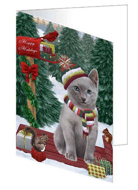 Merry Christmas Woodland Sled Russian Blue Cat Handmade Artwork Assorted Pets Greeting Cards and Note Cards with Envelopes for All Occasions and Holiday Seasons GCD69560