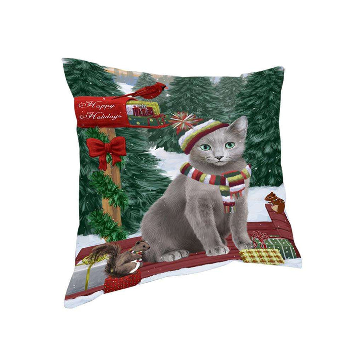 Merry Christmas Woodland Sled Russian Blue Cat Pillow PIL77328