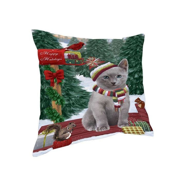 Merry Christmas Woodland Sled Russian Blue Cat Pillow PIL77332