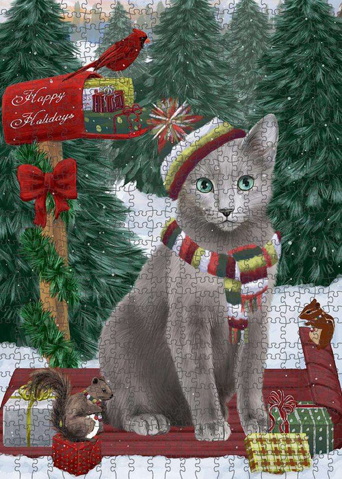 Merry Christmas Woodland Sled Russian Blue Cat Puzzle with Photo Tin PUZL88136