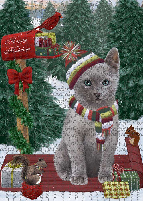 Merry Christmas Woodland Sled Russian Blue Cat Puzzle with Photo Tin PUZL88140