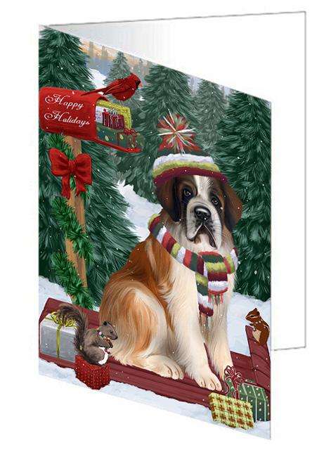 Merry Christmas Woodland Sled Saint Bernard Dog Handmade Artwork Assorted Pets Greeting Cards and Note Cards with Envelopes for All Occasions and Holiday Seasons GCD69563