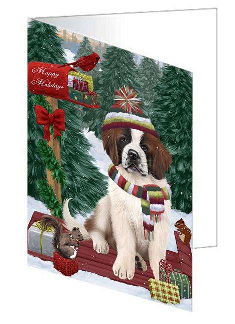 Merry Christmas Woodland Sled Saint Bernard Dog Handmade Artwork Assorted Pets Greeting Cards and Note Cards with Envelopes for All Occasions and Holiday Seasons GCD69566