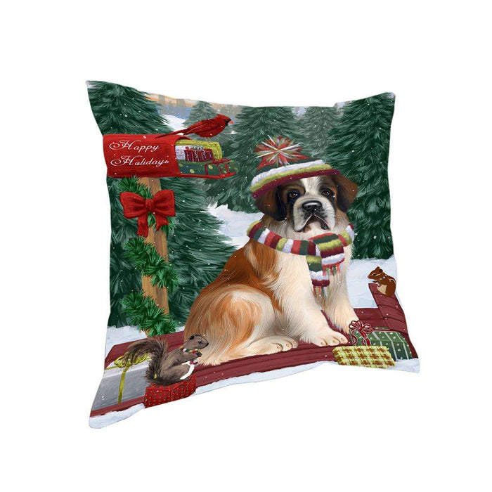 Merry Christmas Woodland Sled Saint Bernard Dog Pillow PIL77336