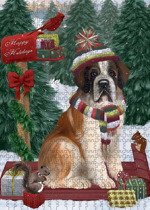 Merry Christmas Woodland Sled Saint Bernard Dog Puzzle with Photo Tin PUZL88144