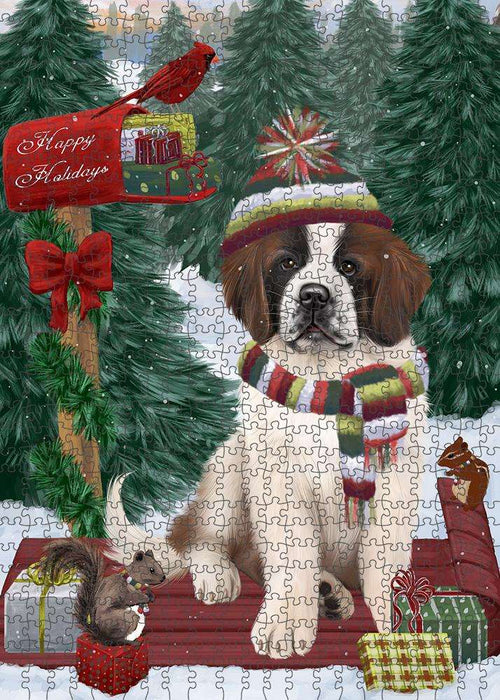 Merry Christmas Woodland Sled Saint Bernard Dog Puzzle with Photo Tin PUZL88148